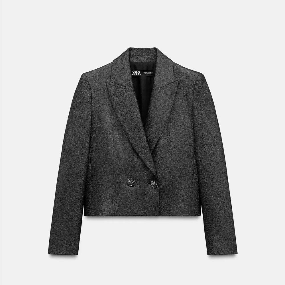 Zara Charcoal Cropped Sparkly Double-Breasted Blazer
